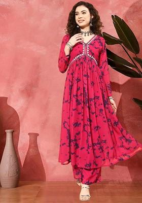 Red Printed Blended Kurta Set