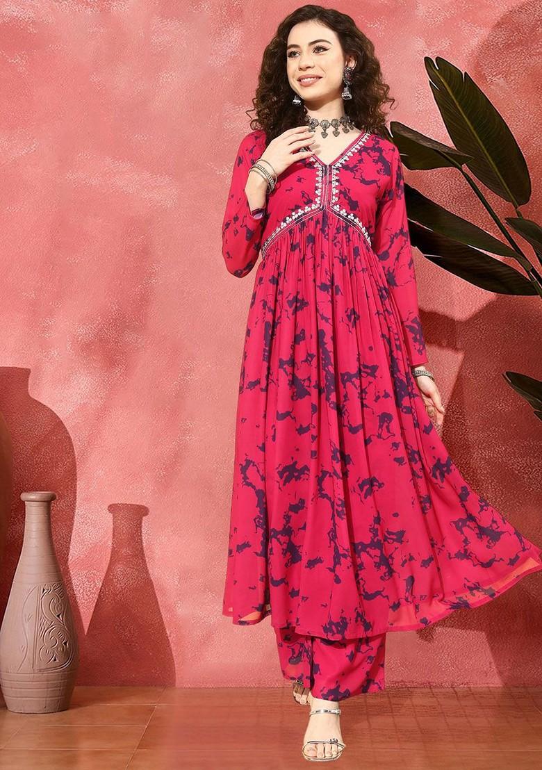 Red Printed Blended Kurta Set - Indya