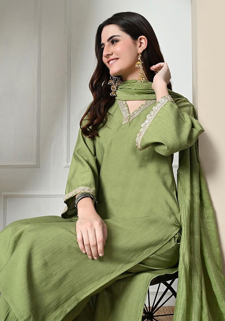 Green Embroidered Blended Kurta Set - Indya