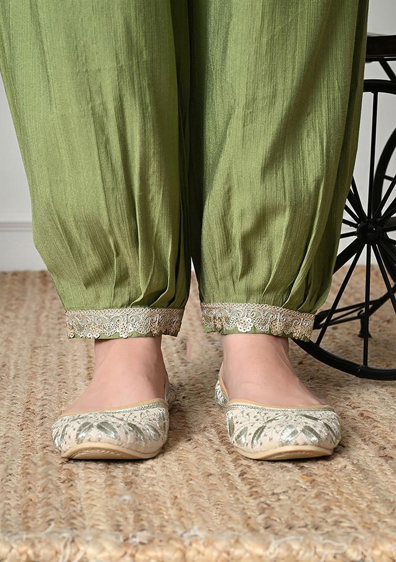 Green Embroidered Blended Kurta Set - Indya