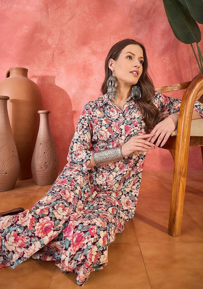 Peach Printed Blended Kurta Set - Indya