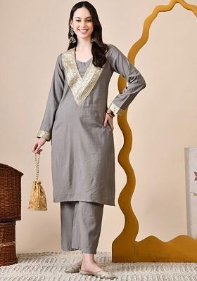 Grey Embroidered Blended Kurta Set