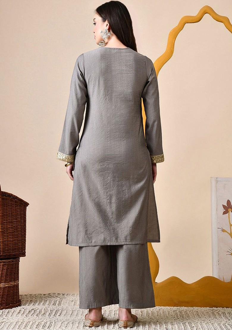 Grey Embroidered Blended Kurta Set - Indya