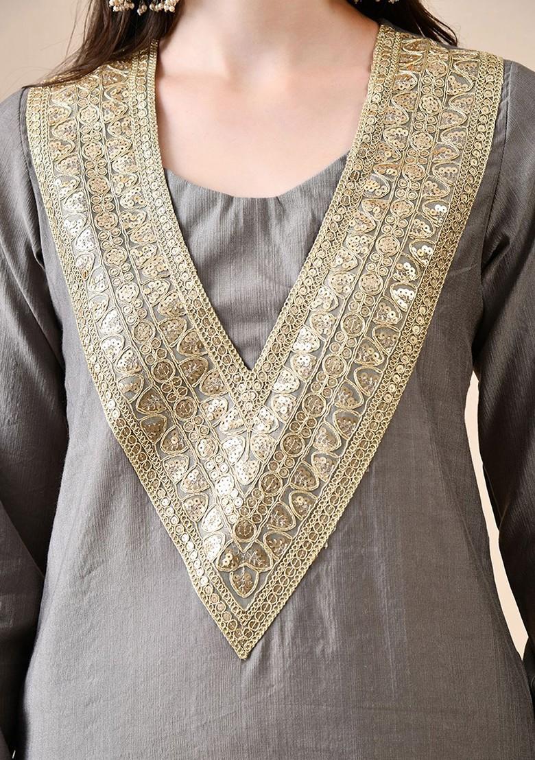 Grey Embroidered Blended Kurta Set - Indya
