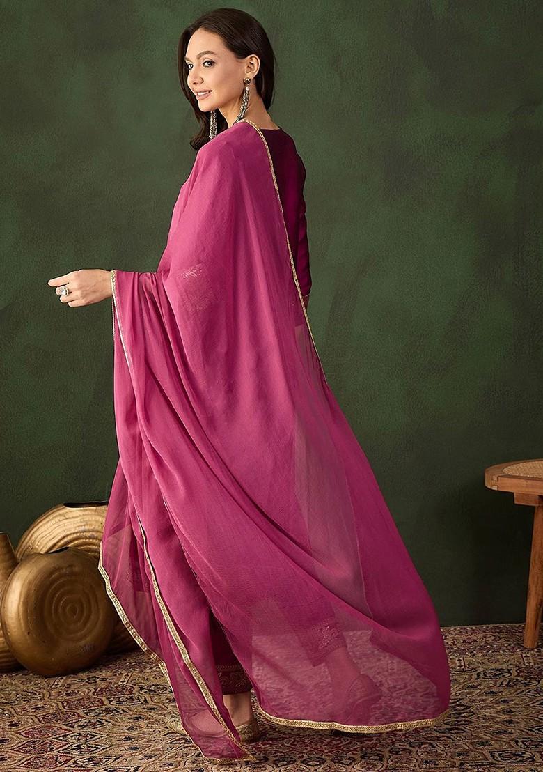 Purple Woven Design Blended Kurta Set - Indya