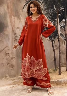 Rust Embroidered Blended Kurta Set