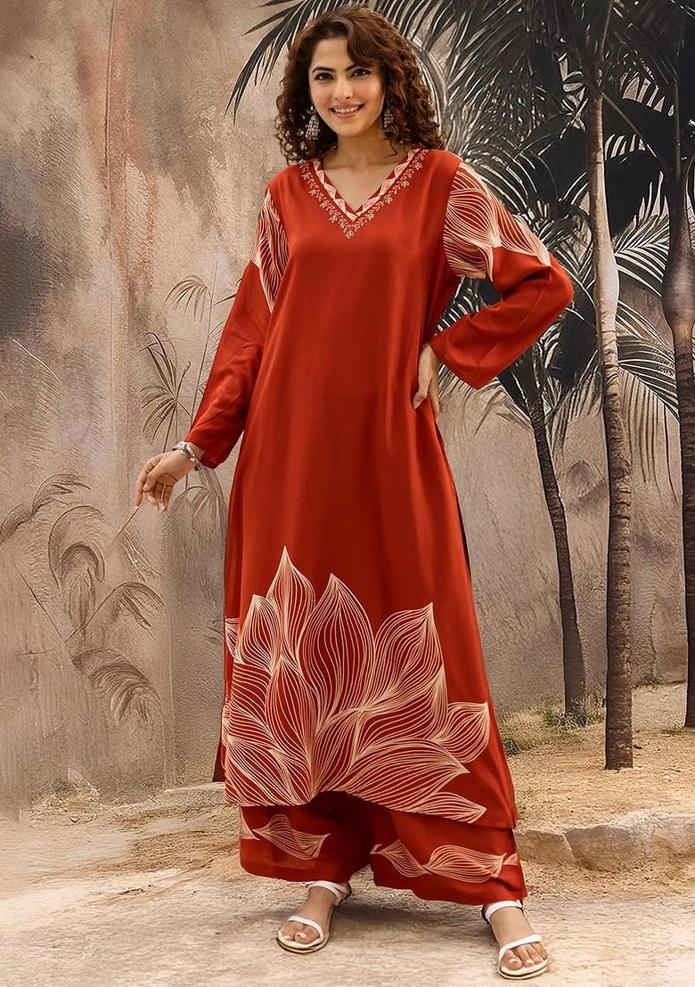 Rust Embroidered Blended Kurta Set - Indya