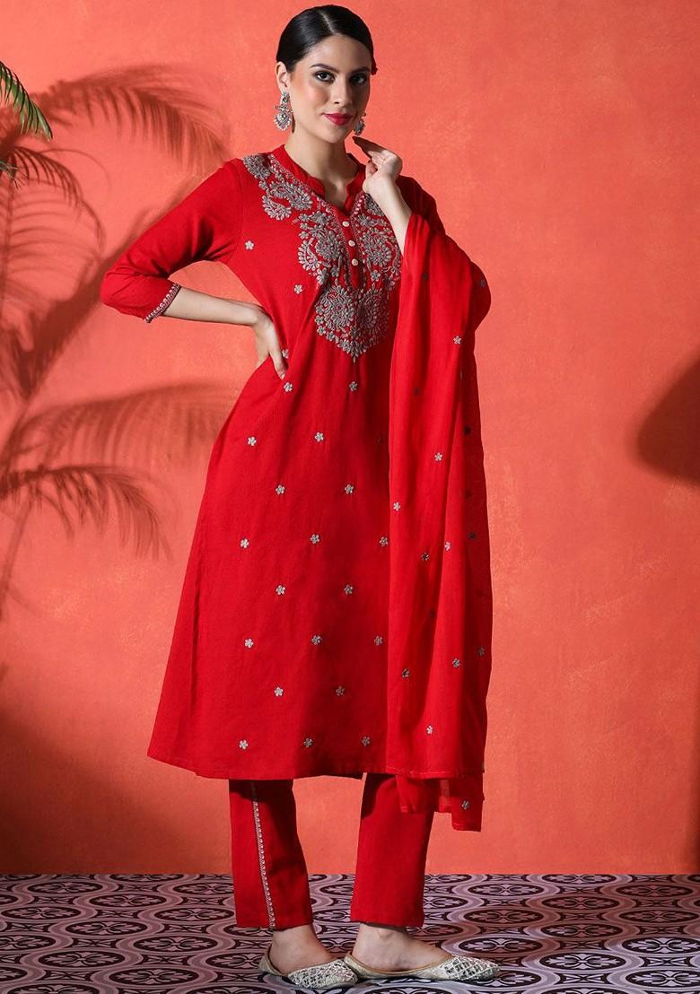 Red Embroidered Blended Kurta Set - Indya