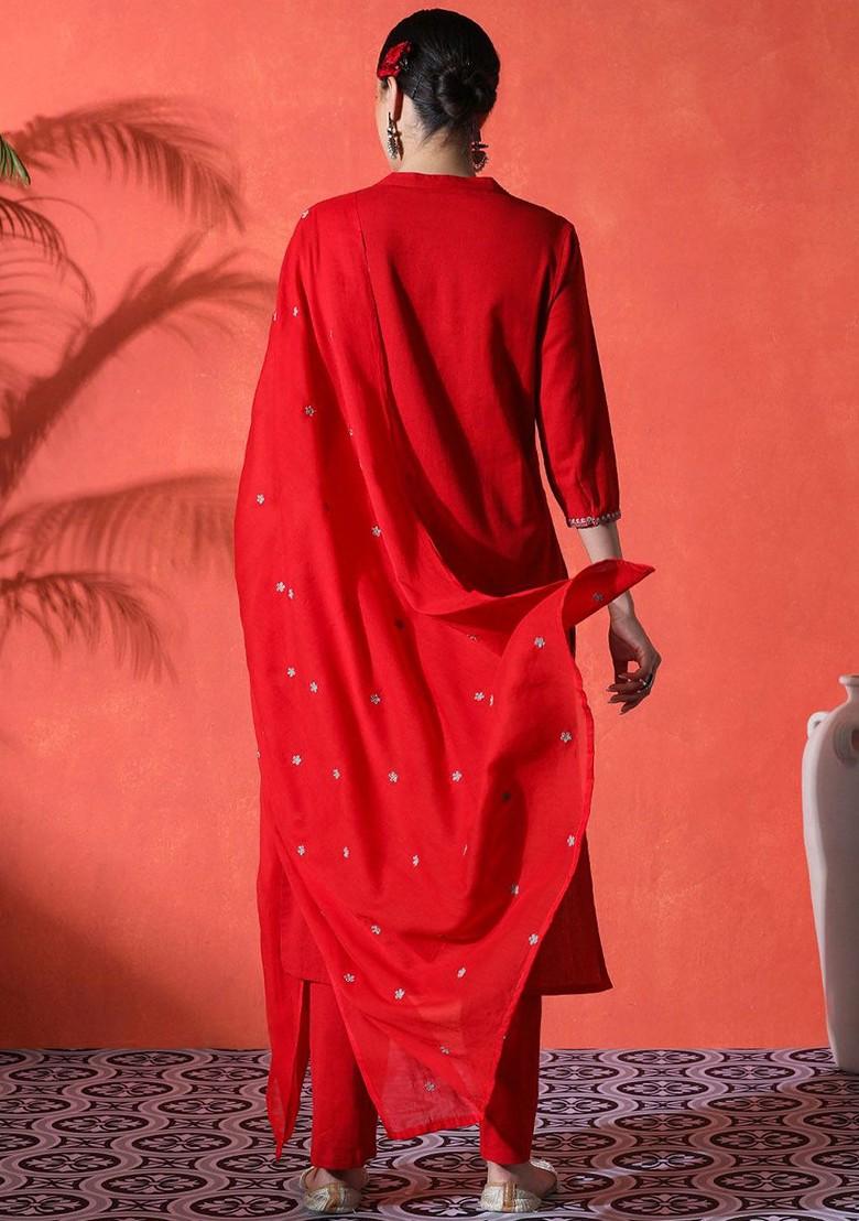 Red Embroidered Blended Kurta Set - Indya