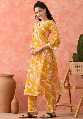 Yellow Printed Blended Kurta Set
