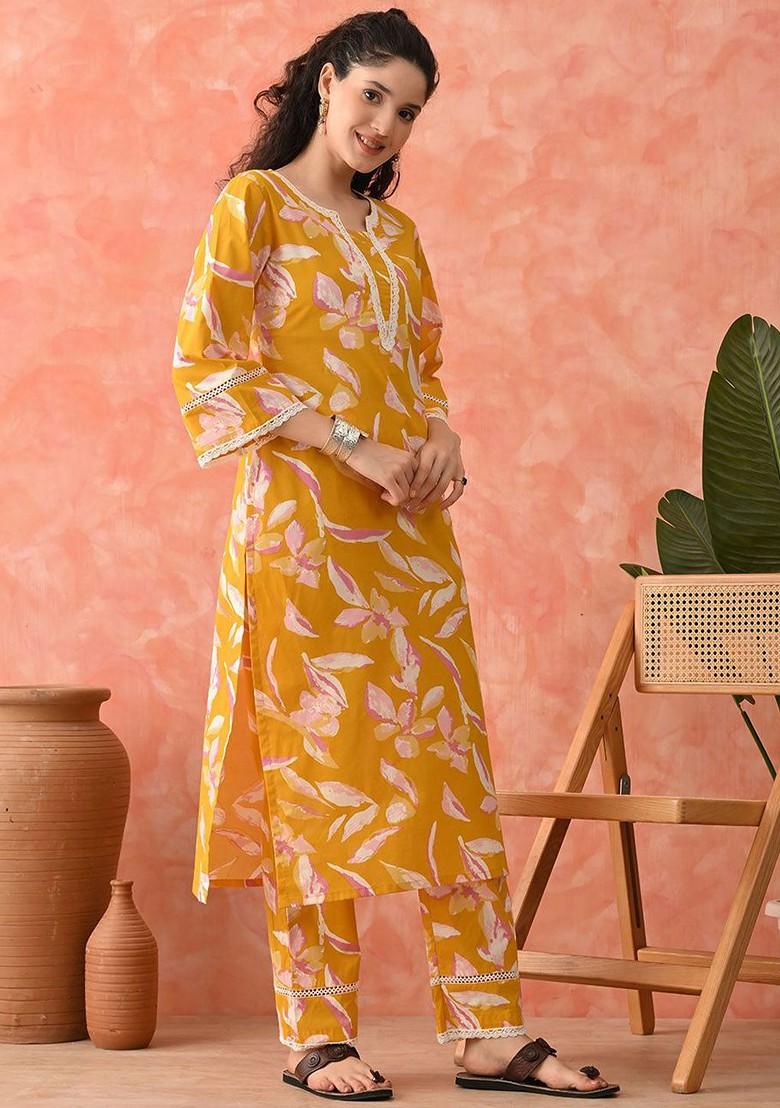 Yellow Printed Blended Kurta Set - Indya