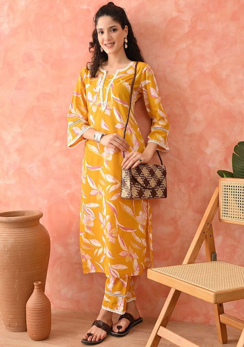 Yellow Printed Blended Kurta Set - Indya
