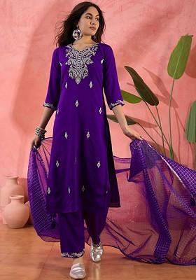 Purple Embroidered Blended Kurta Set