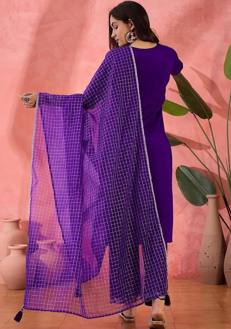 Purple Embroidered Blended Kurta Set - Indya