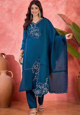 Teal Embroidered Blended Kurta Set