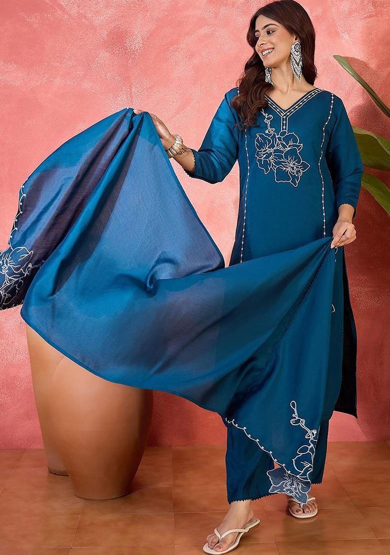 Teal Embroidered Blended Kurta Set - Indya