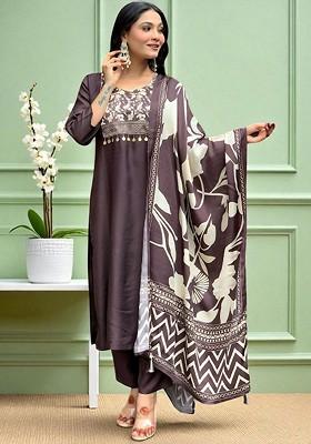 Grey Printed Blended Kurta Set