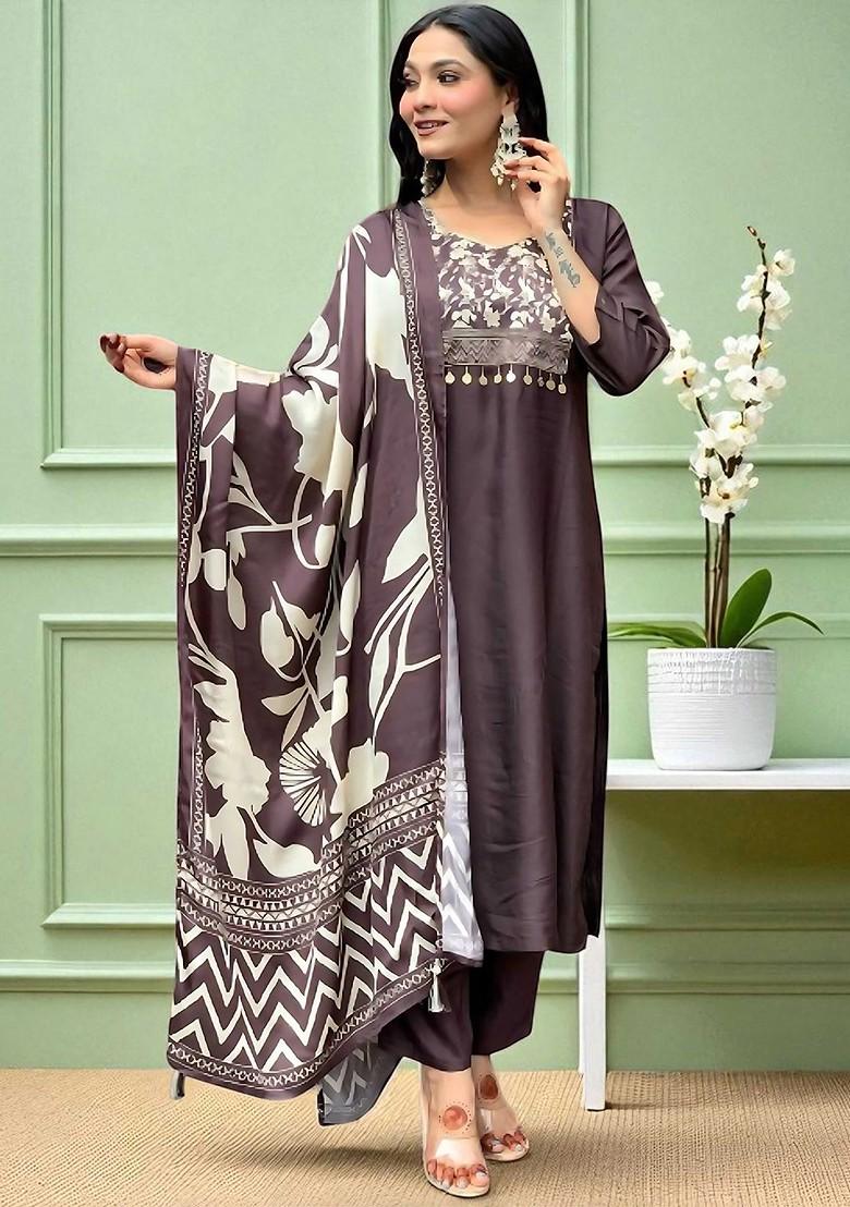 Grey Printed Blended Kurta Set - Indya