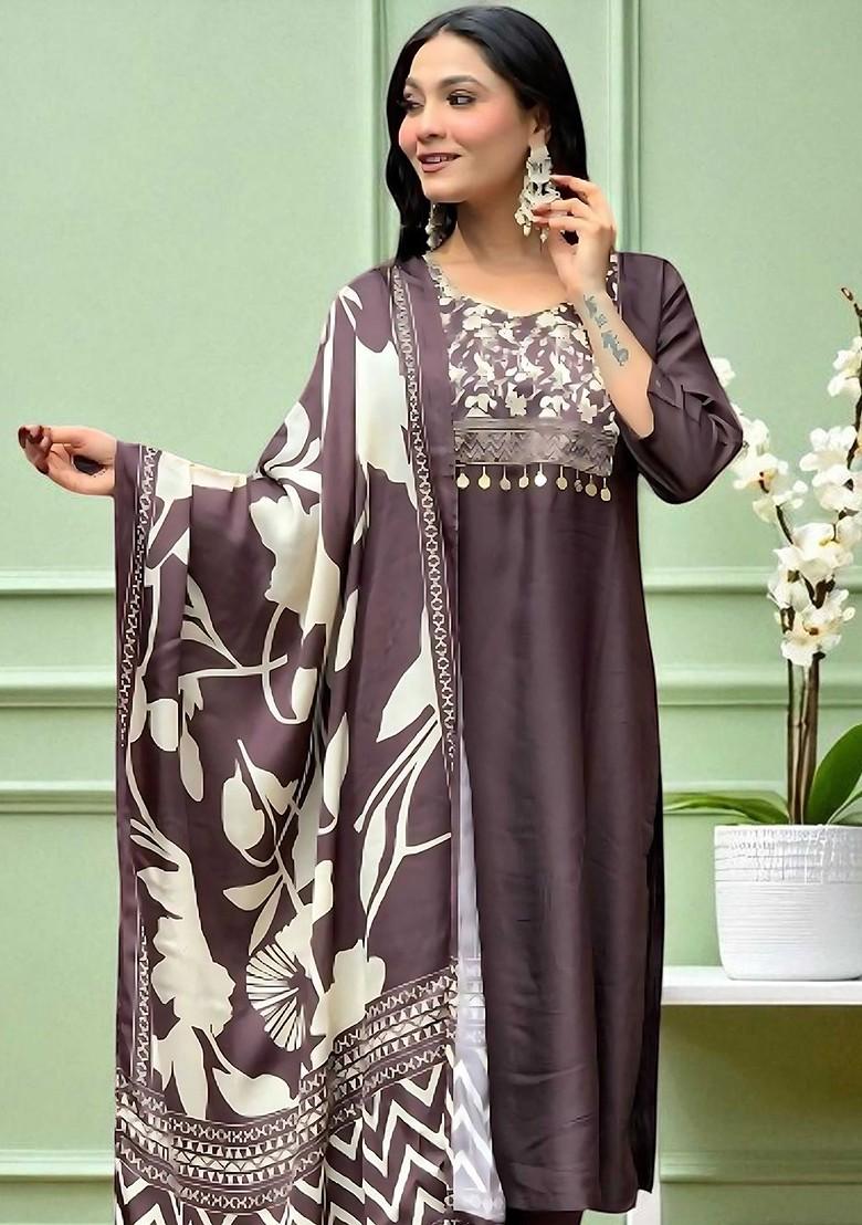 Grey Printed Blended Kurta Set - Indya