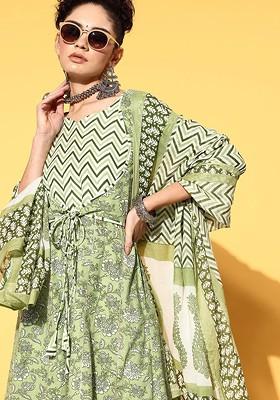 Green Printed Blended Kurta Set