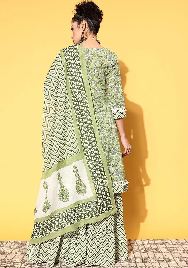 Green Printed Blended Kurta Set - Indya