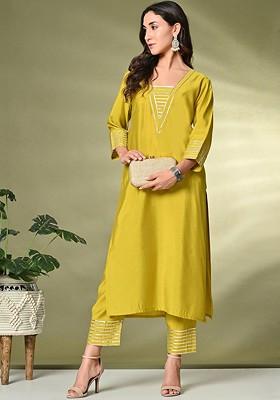 Lime Green Solid Blended Kurta Set