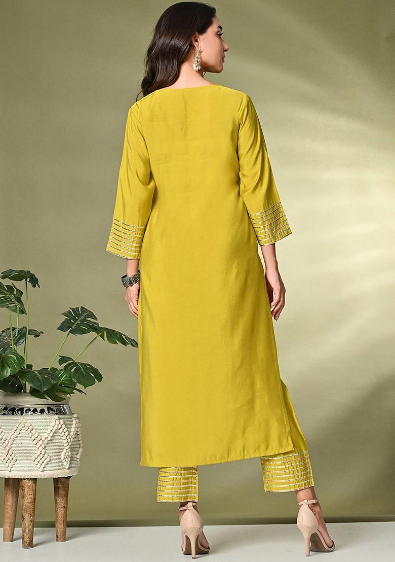 Lime Green Solid Blended Kurta Set - Indya