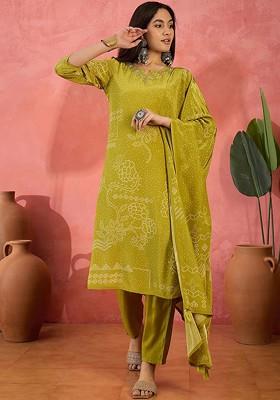 Lime Green Printed Blended Kurta Set