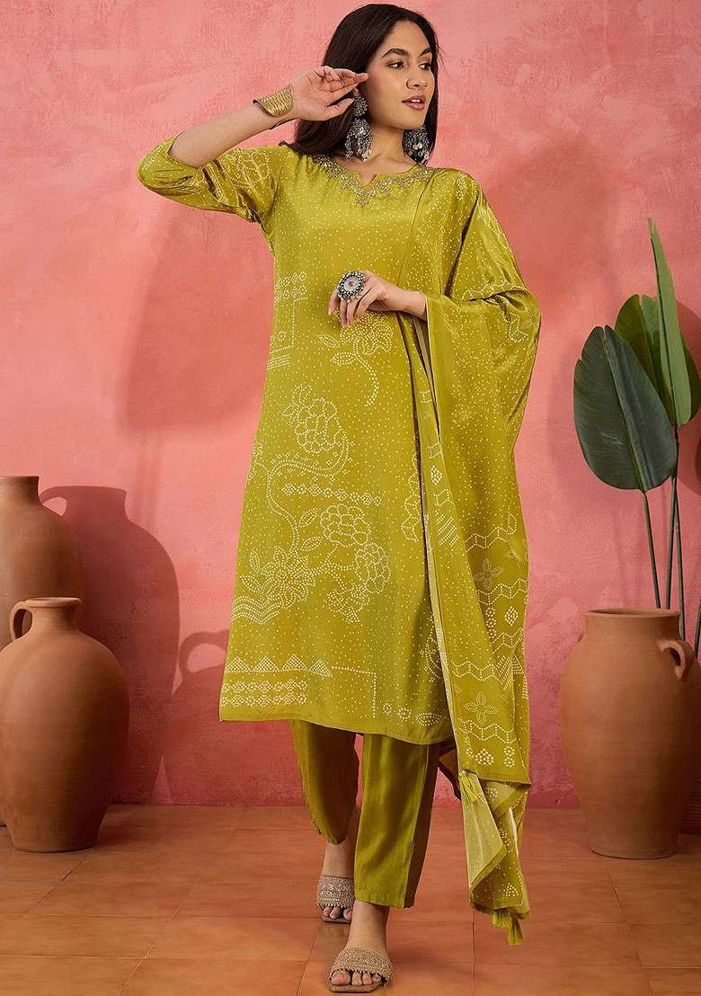 Lime Green Printed Blended Kurta Set - Indya