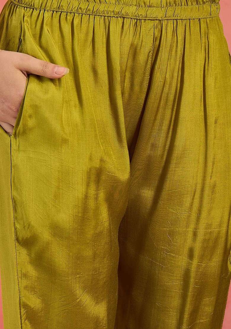 Lime Green Printed Blended Kurta Set - Indya