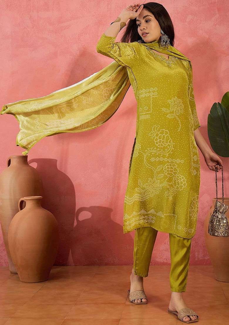 Lime Green Printed Blended Kurta Set - Indya