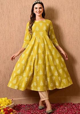 Yellow Printed Blended Kurta Set