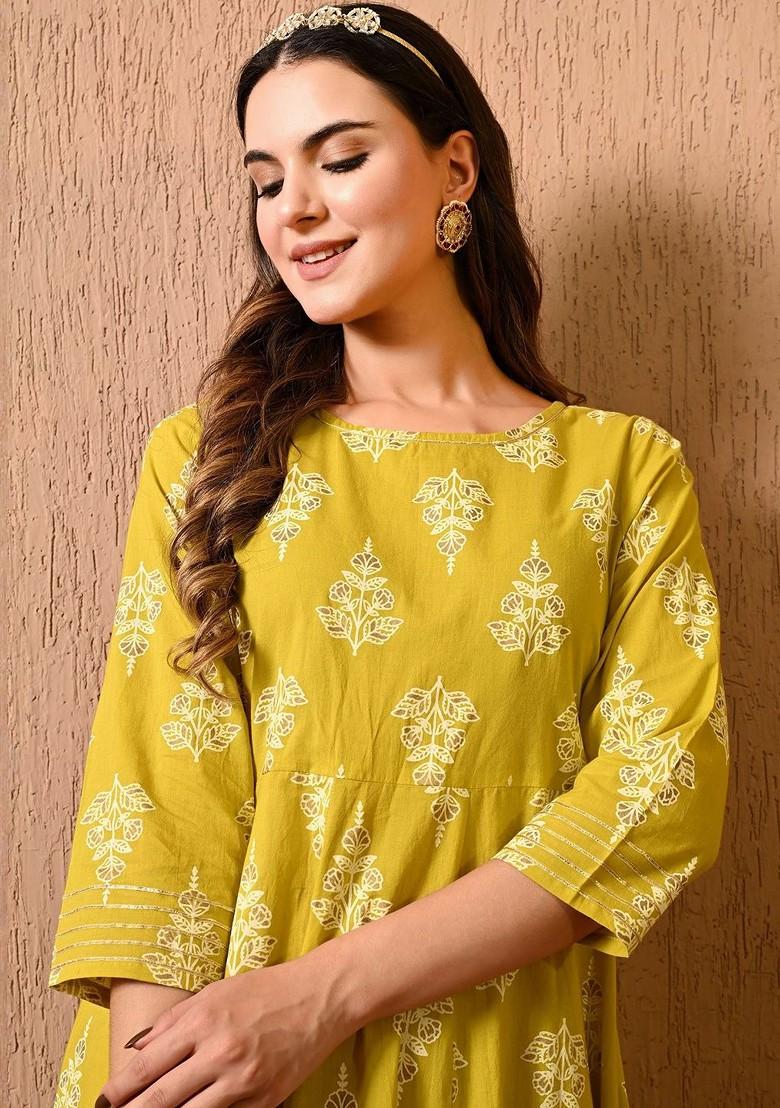 Yellow Printed Blended Kurta Set - Indya