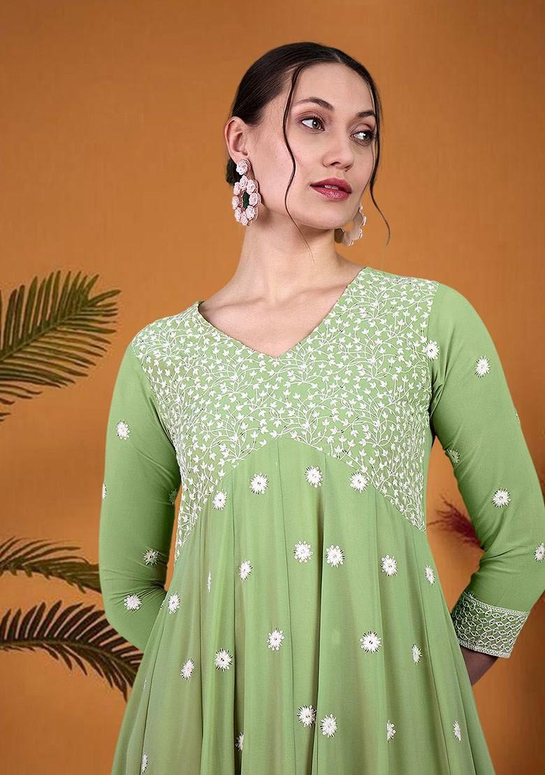 Sea Green Embroidered Blended Kurta Set - Indya