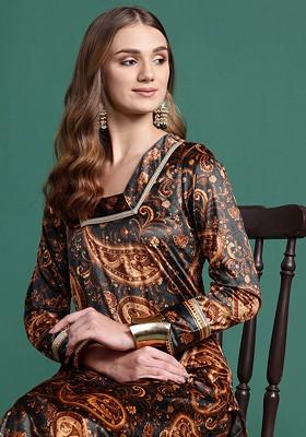Black Printed Blended Kurta Set