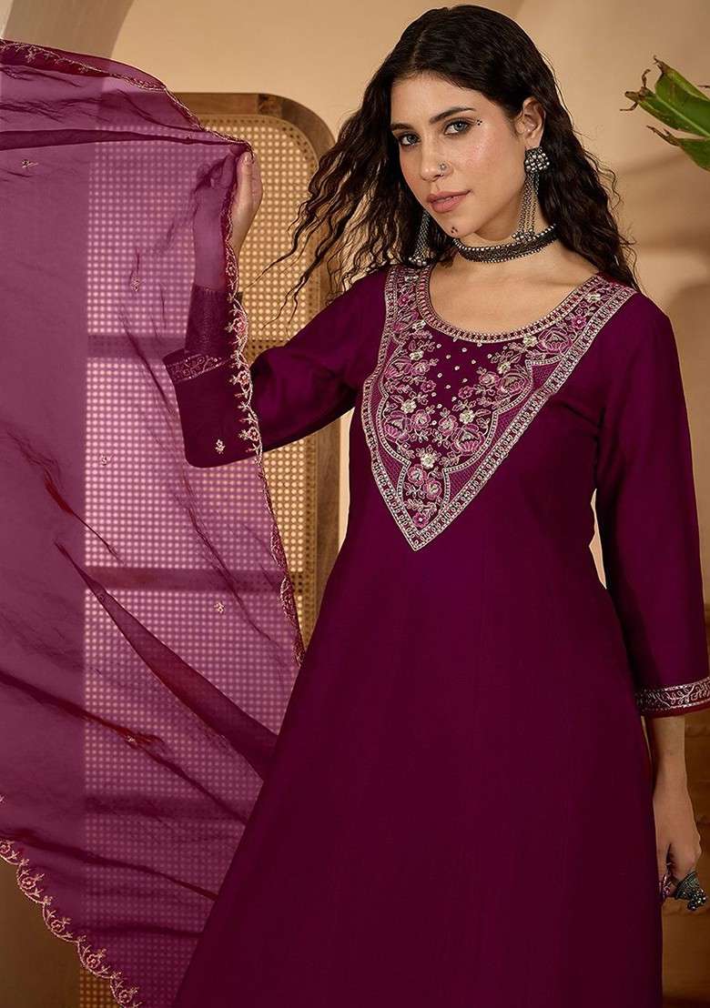 Burgundy Embroidered Blended Kurta Set - Indya