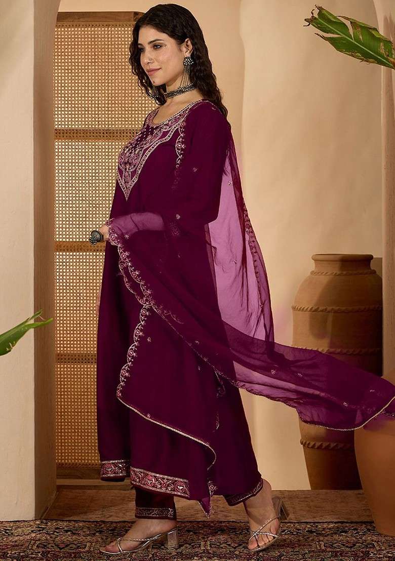 Burgundy Embroidered Blended Kurta Set - Indya