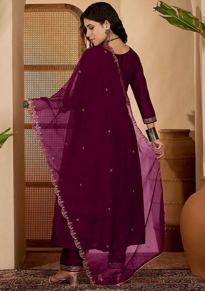 Burgundy Embroidered Blended Kurta Set - Indya