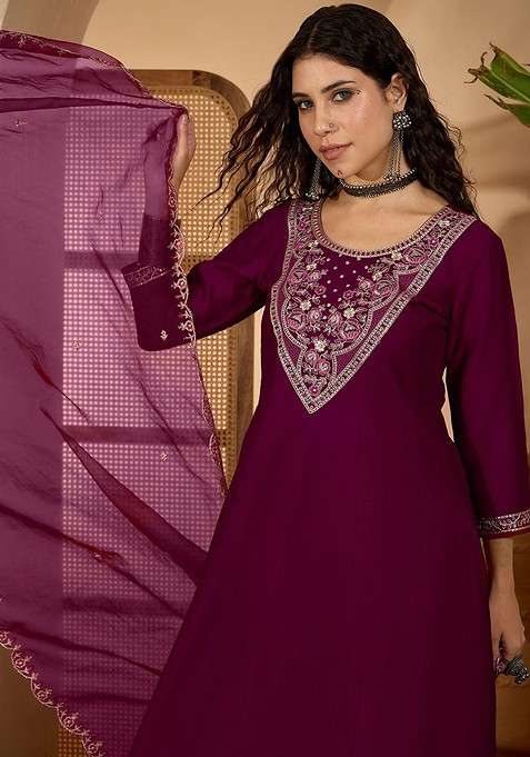 Burgundy Embroidered Blended Kurta Set