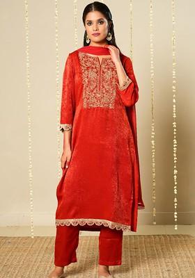Red Embroidered Blended Kurta Set