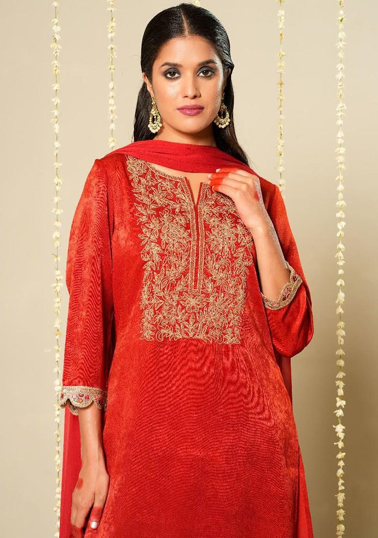 Red Embroidered Blended Kurta Set - Indya