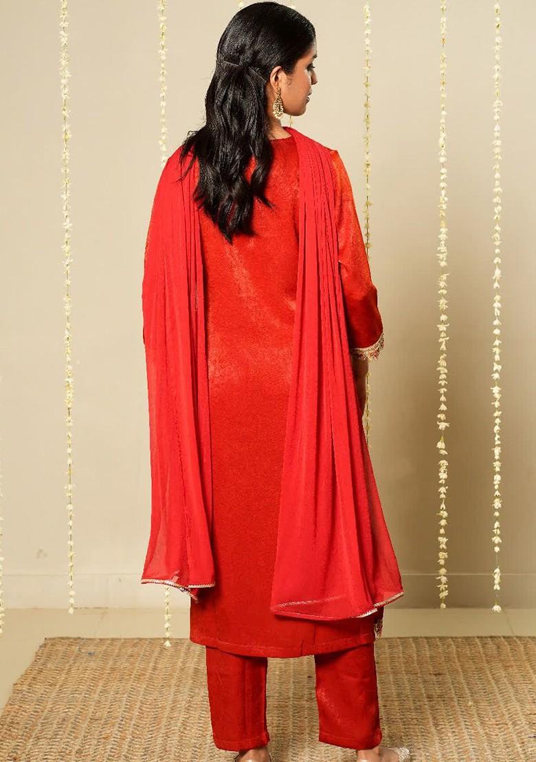 Red Embroidered Blended Kurta Set - Indya