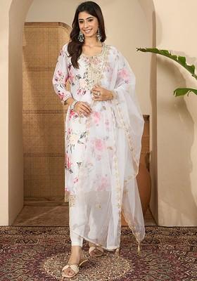 White Printed Blended Kurta Set