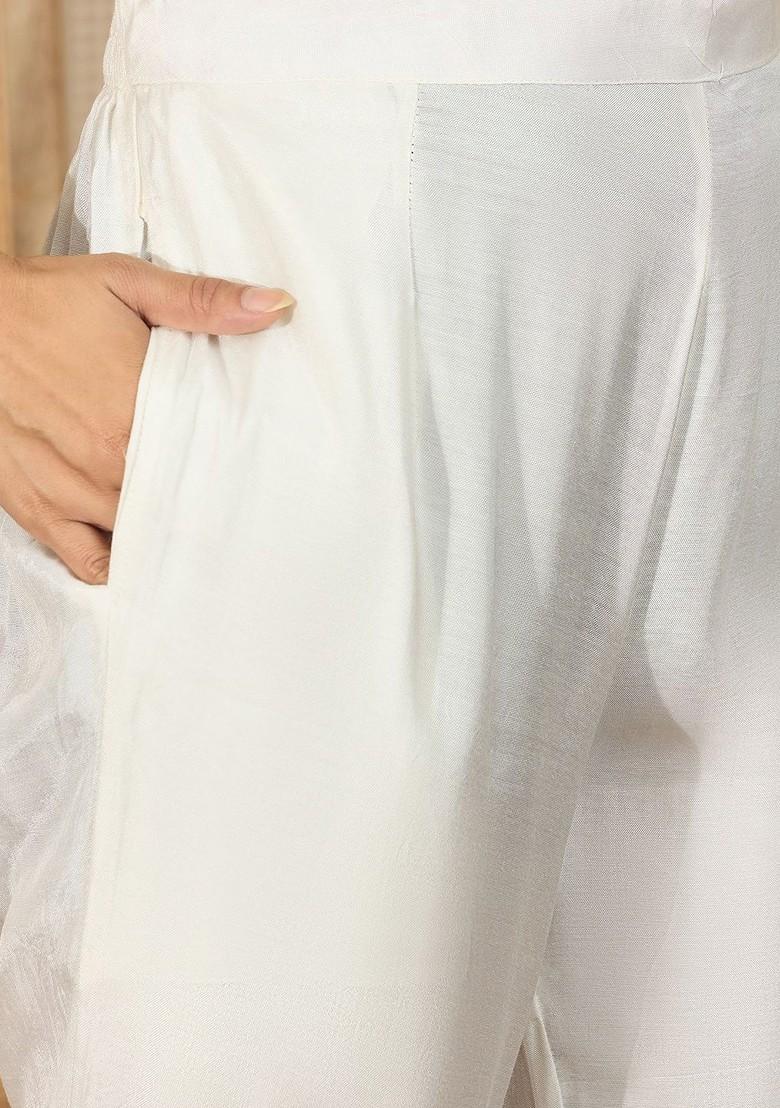 White Printed Blended Kurta Set - Indya