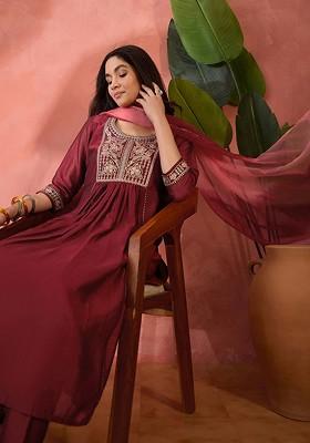 Maroon Embroidered Blended Kurta Set