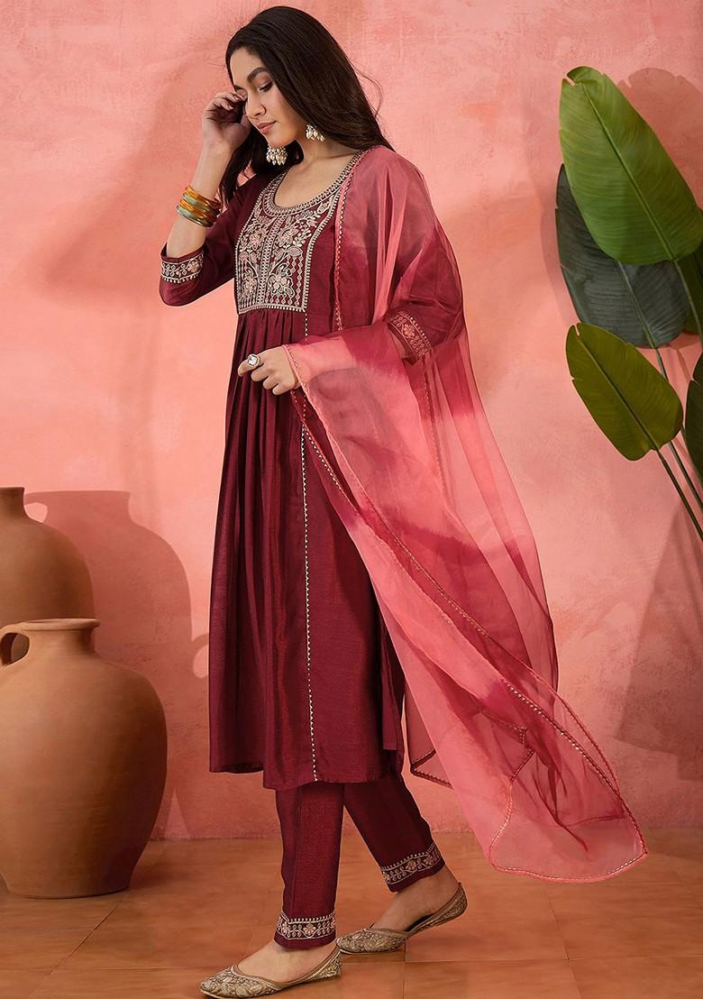 Maroon Embroidered Blended Kurta Set - Indya