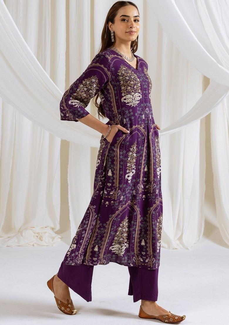 Purple Printed Blended Kurta Set - Indya