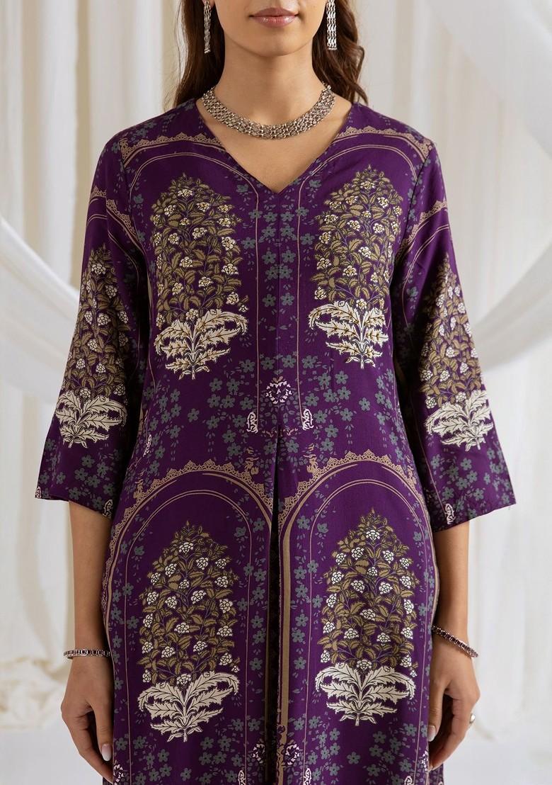 Purple Printed Blended Kurta Set - Indya