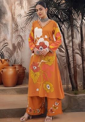 Orange Printed Blended Kurta Set
