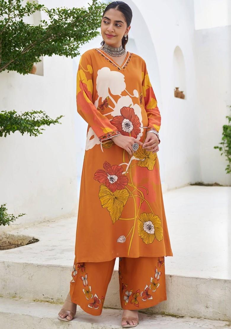 Orange Printed Blended Kurta Set - Indya